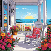 A Rocking Chair On A Porch With Flowers And A View Of The Ocean
