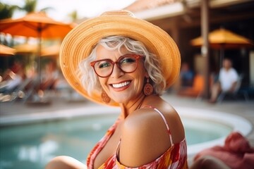 Wall Mural - Portrait of happy senior woman in straw hat sitting at swimming pool