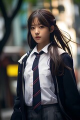 Wall Mural - A lovely japanese teenager girl walking down a complex street in downtown tokyo in a school uniform. generative AI