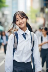 Wall Mural - A happy, lovely japanese teenager girl walking down a complex street in downtown tokyo in a school uniform. generative AI