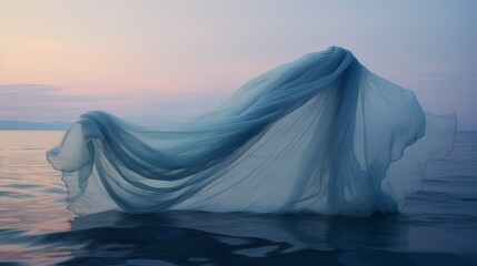 A flying floating blue veil in the sea at sunset.