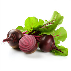 Canvas Print - healthy beets with green leaves. Fresh beetroot isolated on white background. Close up generative ai