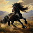 painting magnificent black steed gallops on the vast grasslands illuminated by sunlight 