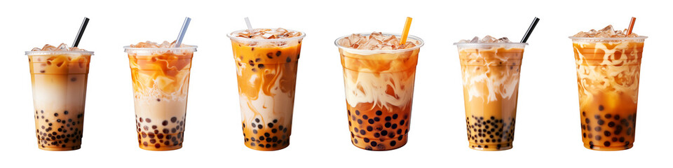 Wall Mural - Collection set a plastic cup of iced bubble tea boba on a transparent background