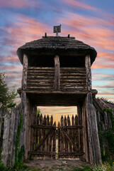 Poster - Wooden gate and fort. Summer countryside	