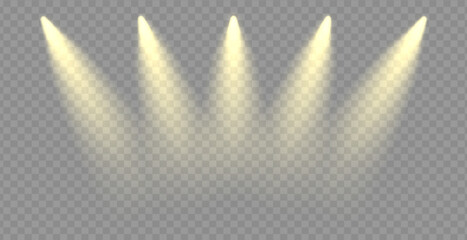 Poster - Vector rays of light flare effect. Cinema beam illuminate empty interior. Spotlight shine golden beams. Warm projector png stage award ceremony