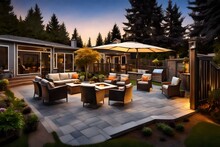 Fenced Backyard With Patio Deck And Outdoor Furniture Illuminated In Evening