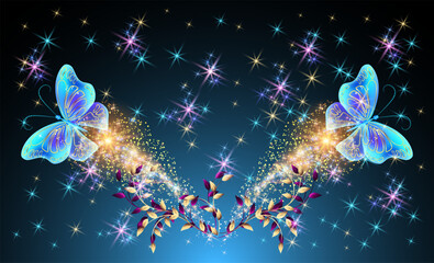 Wall Mural - Flying delightful magical butterflies with sparkle and blazing trail in night sky. Love and romance concept.