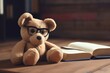 Teddy bear with glasses next to open book. Plush stuffed animal toy near open school book. Generate ai