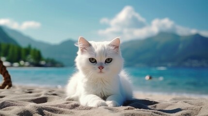 Wall Mural - cute cat relaxing at beach