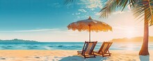 Tropical Beach Paradise. Serene Beach Scene With Golden Sand Water And Palm Shade. Relaxing Sunbeds And Parasols Are Set Up For Perfect Vacation In Tropical Destination During Warm Sunset