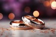 Two elegant wedding rings with embedded diamonds on a reflective surface, with a romantic purple bokeh background enhancing the mood of love and commitment.