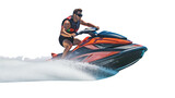 Man riding jet ski, side view of man standing on jet ski