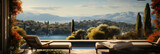 Fototapeta Londyn -  villa terrace with view sunset in the mountains