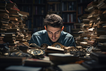 Sticker - A person looking at a pile of unread books, showcasing the challenge of finding time for leisure reading. Concept of time management difficulties. Generative Ai.