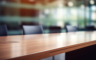 close up of clean empty wooden table office and blurred bokeh office interior space background