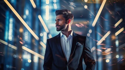 Wall Mural - Business man standing in front of futuristic cityscape with network connections and digital interface