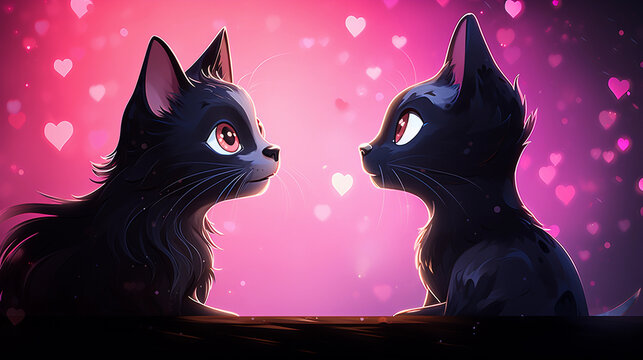 Romantic illustration. A cat and a kitty in love facing each other. Valentine's Day, wedding, greeting card