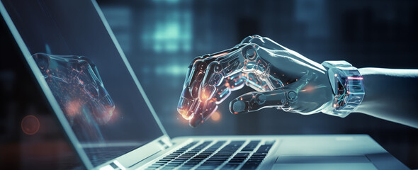 Futuristic Cyber hand using laptop and typing keyboard. Technology in future. Writing programming codes