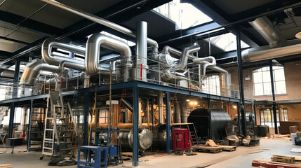 Industrial Facility Interior with Large Ductwork and Machinery during a Manufacturing Plant Upgrade