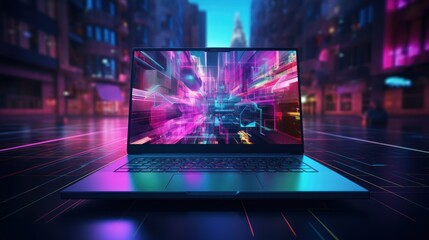 Leinwandbilder - Futuristic illustration about computer technology with laptop in neon colors.