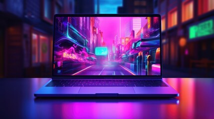 Leinwandbilder - Futuristic illustration about computer technology with laptop in neon colors.