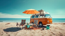 Summer Travel Vintage Van With Deck Chairs And Equipment At The Beach