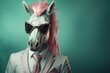 Horse punk rockstar with pink mane wearing suit and sunglasses. Generative Ai