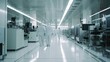 interior space of Advanced Semiconductor Production Fab Cleanroom with Working Overhead Wafer Transfer System Male worker having discussion in flexible electronics factory clean room