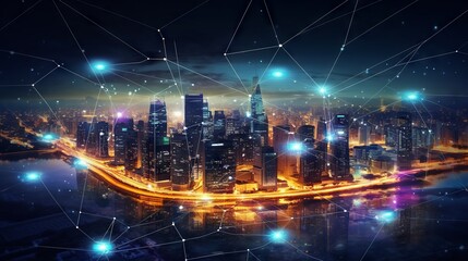Wall Mural - network connection and technology concept: global media link connecting on digital night city backgr