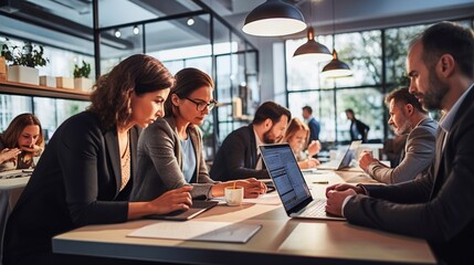 Teamwork in the office: a group of business people and software developers working together