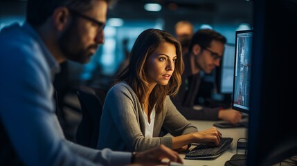 Teamwork in the office: a group of business people and software developers working together