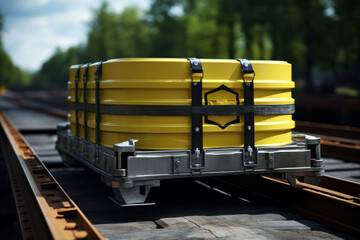 Poster - A transport cask securely containing radioactive material, illustrating the stringent safety measures in the transportation of nuclear materials.  Generative Ai.