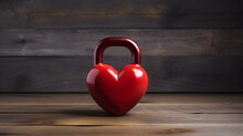 Kettlebell Made From Red Heart On Wooden Background Promotes Fitness And Valentines Day With Copyspace For Text
