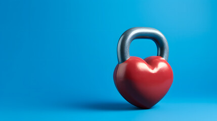 Wall Mural - kettlebell in the shape of a heart on blue background. Valentines day and Fitness concept