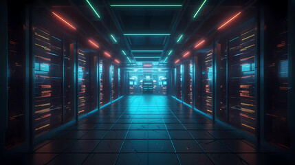 Futuristic security cloud data center server racks with pink vibrant neon-lit light.3d rendering.