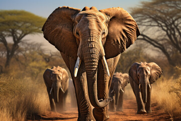 Wall Mural - A wise old elephant leading its herd through the grasslands, showcasing the familial and leadership dynamics within elephant communities. Concept of family bonds in wildlife. Generative Ai.