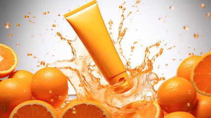 Wall Mural - Orange juice splash with oranges on white background