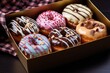 Sweet colorful donuts in a take away box