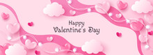 Valentine's Day Background With Hearts, Clouds And Lights. Cute Illustration For Love Sale Banner Or Greeting Card.