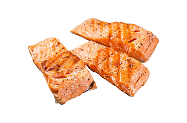 Wall Mural - Griiled salmon fillets, fish steaks on wooden board with thyme. Transparent background. Isolated.