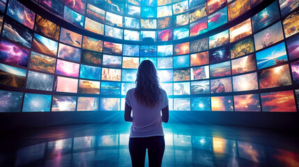 woman choosing her program in virtual multimedia world. postproducted generative ai illustration.