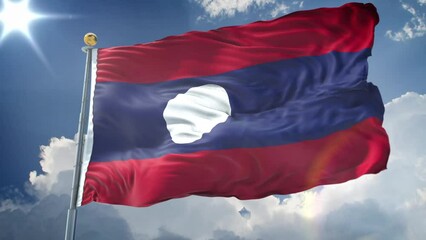 Wall Mural - Laos animated flag in the wind with blue sky