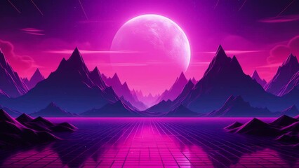 Sticker - Synthwave tech Synthwave retro cyberpunk style landscape background banner or wallpaper. Bright neon pink and purple colors. - Seamless loop animation, created using AI Generative Technology