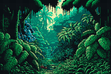 Wall Mural - 8 bit pixel jungle forest landscape, AI generated