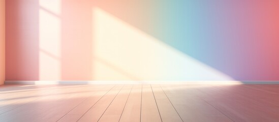 Empty wall and wooden floor with light rays glare. Interior background for presentation