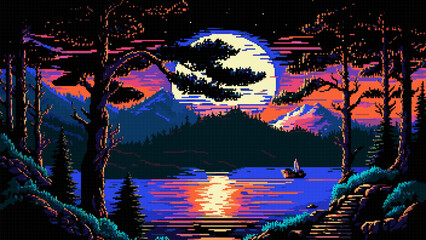 Wall Mural - Night mountain lake, moon landscape, AI generated