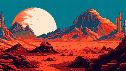 Wall Mural - Mars red planet landscape Ai 8bit pixel game scene