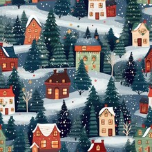 Christmas Houses Seamless Pattern. Winter Landscape With Cute Gingerbread Houses. Merry Christmas, Happy New Year Concept Illustration For Greeting Card, Textile, Wallpaper, Print Design, Fabric.