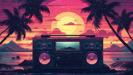 Wall Mural - Synthwave tech Retro sci-fi background. Synthwave, Vaporwave, Retrowave. - Seamless loop animation, created using AI Generative Technology